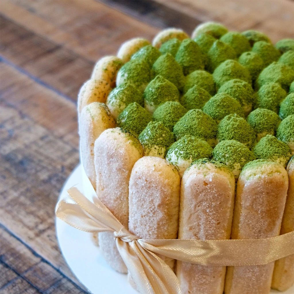 Close up of Matcha Tiramisu Cake
