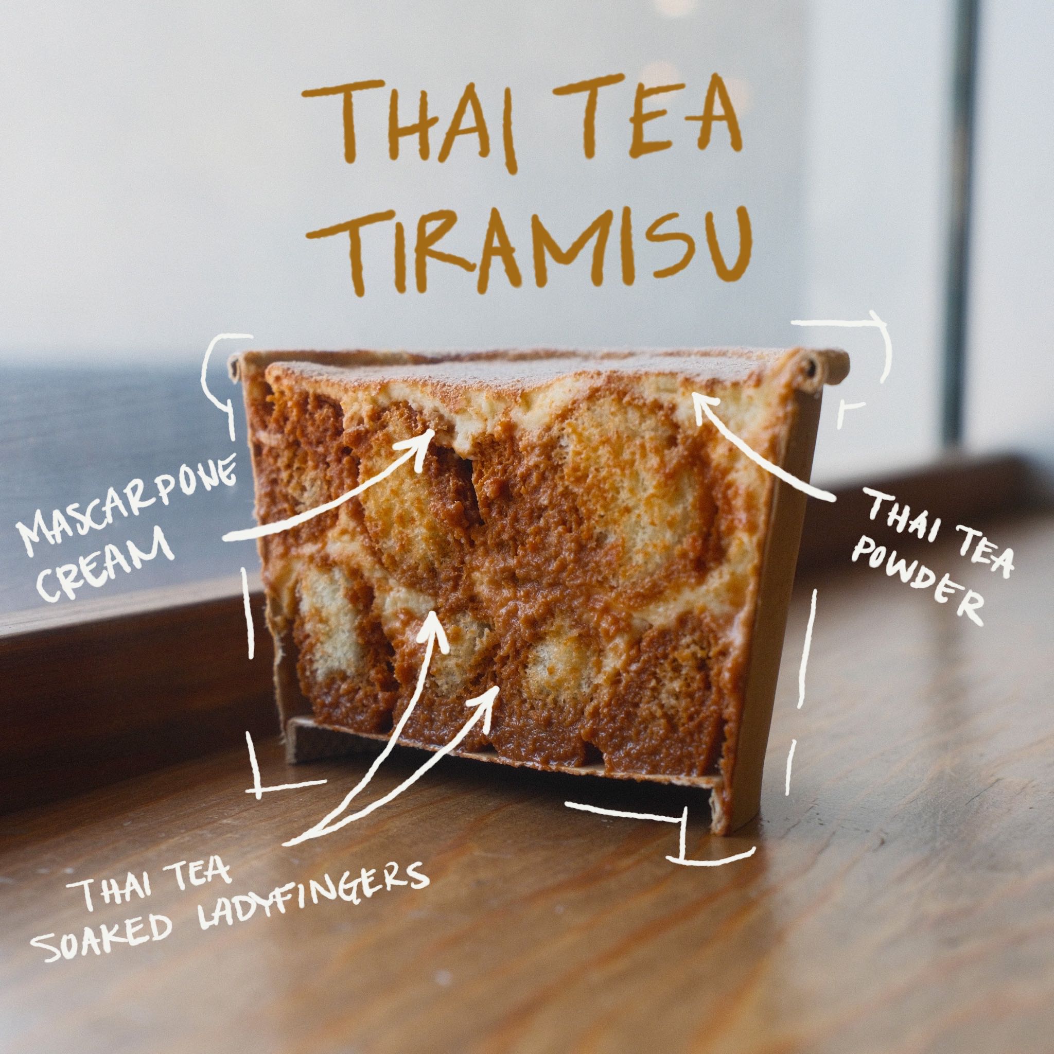 Front view of Thai Tea Tiramisu Cross Section